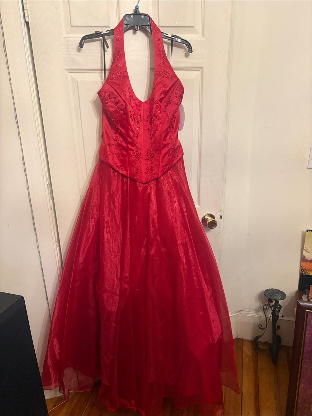 Halter Neck Red Prom Dress with Embroidered Bodice